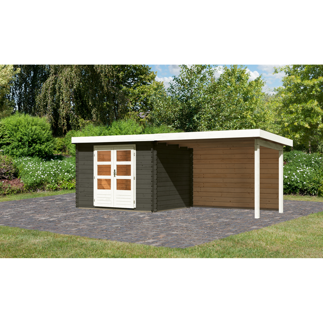 Bild von Gartenhaus-Set 'Rieneck 3' terragrau mit Anbaudach und Rückwand 315 x 273 x 220 cm