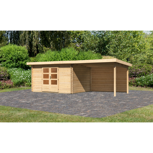 Bild von Gartenhaus-Set 'Rieneck 7' natur mit Anbaudach und Rückwand 674 x 333 x 222 x cm
