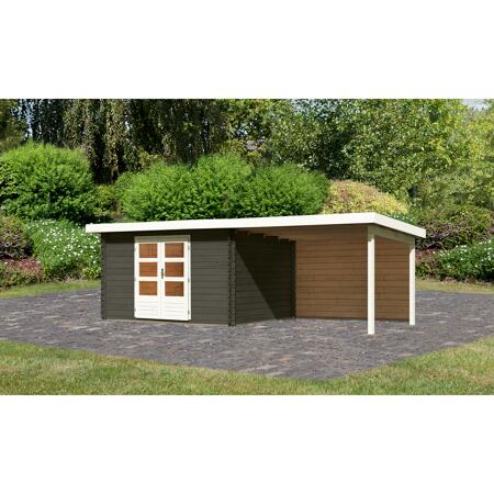 2. Bild von Gartenhaus-Set 'Rieneck 7' terragrau mit Anbaudach und Rückwand 674 x 333 x 222 x cm