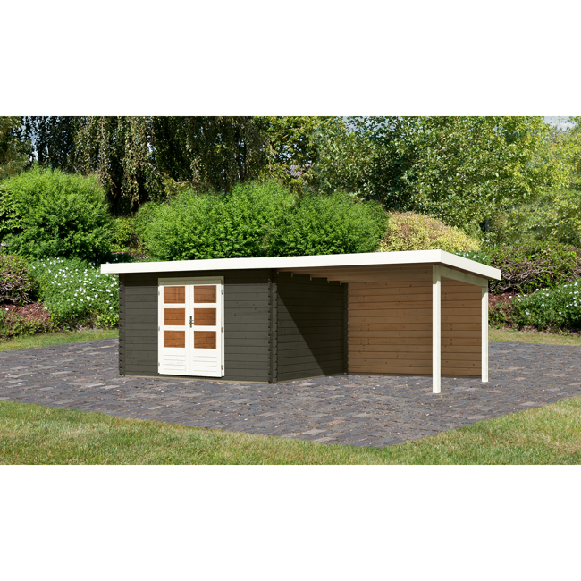 Bild von Gartenhaus-Set 'Rieneck 7' terragrau mit Anbaudach und Rückwand 674 x 333 x 222 x cm