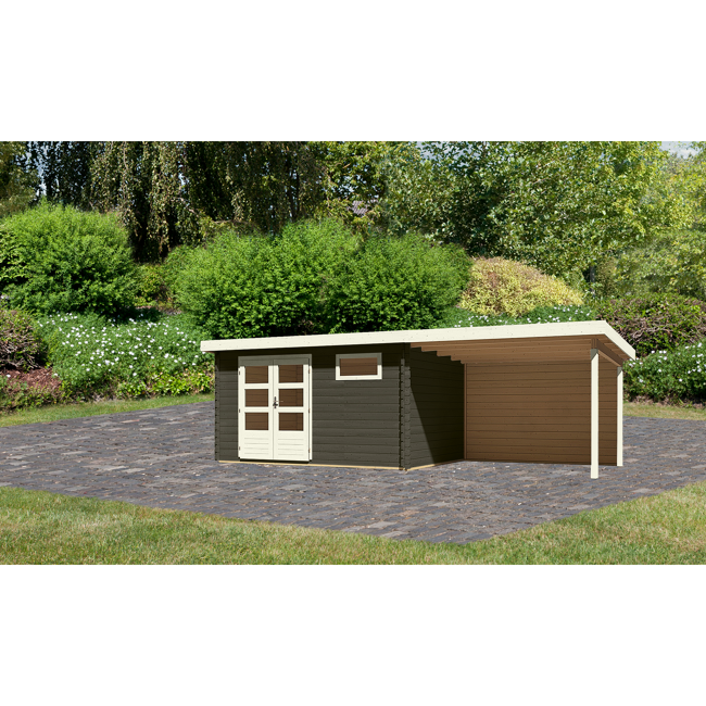 Bild von Gartenhaus-Set 'Rieneck 8' terragrau mit Anbaudach und Rückwand 405 x 333 x 222 cm