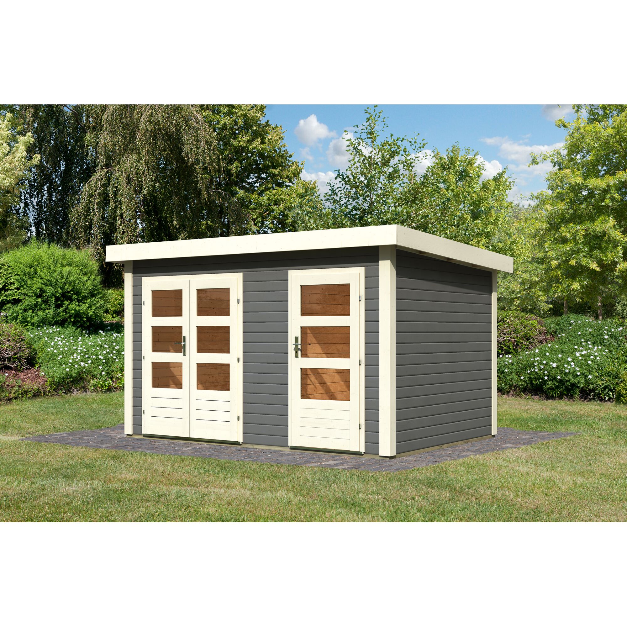 Gartenhaus Flehingen 1 in Terragrau mit hellen Türen