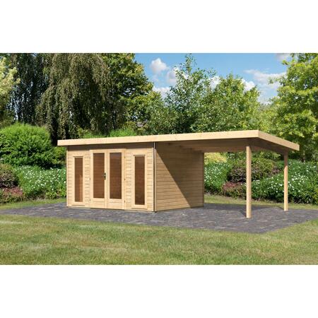 2. Bild von Premium-Gartenhaus-Set 'Borsuma 2' natur mit Anbaudach 724 x 331,5 x 229,5 cm