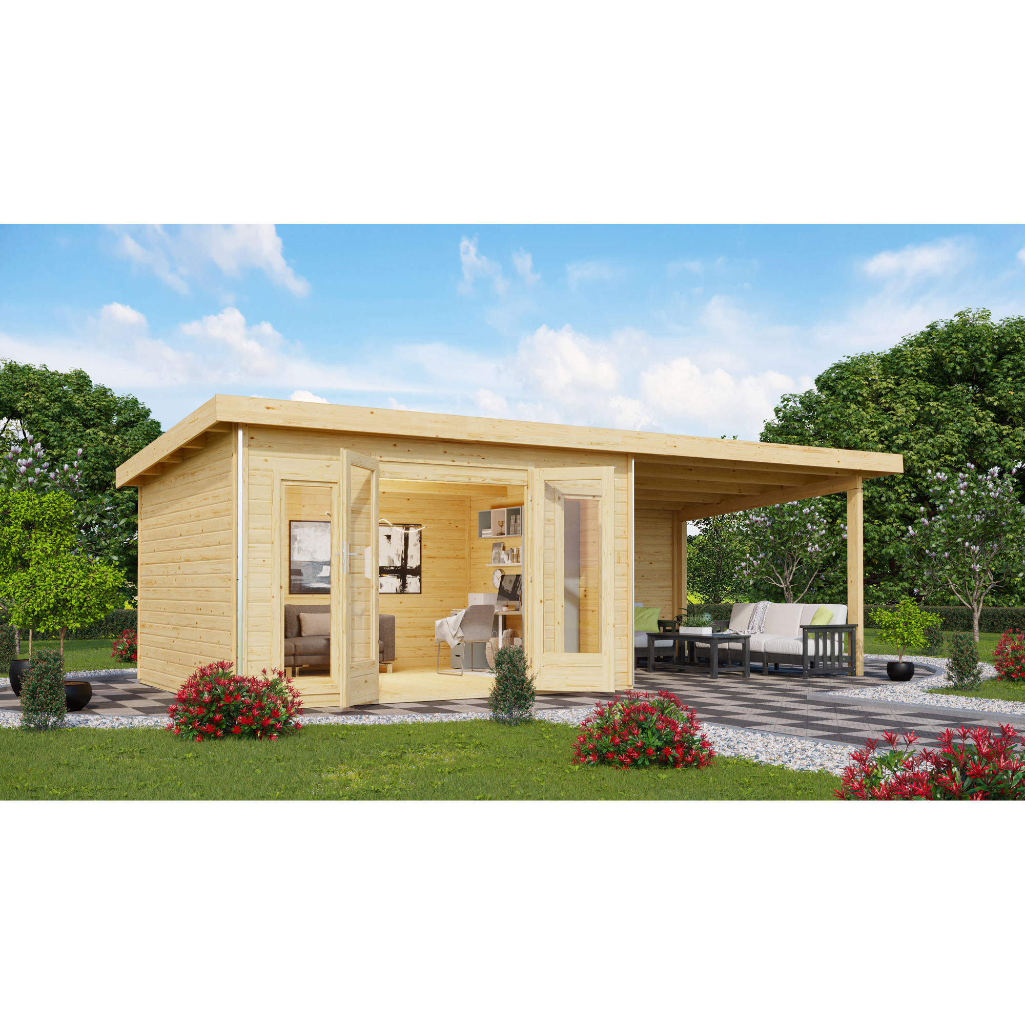 Premium-Gartenhaus-Set 'Borsuma 2' natur mit Anbaudach und Rückwand 724 x 331,5 x 229,5 cm + product picture