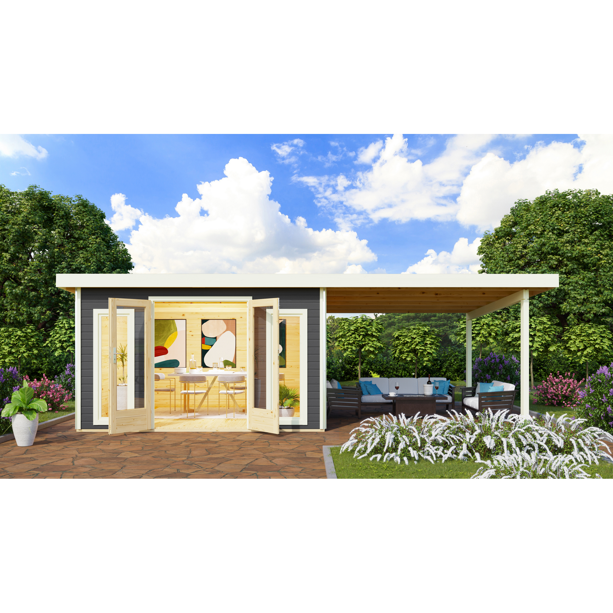 Premium-Gartenhaus-Set 'Borsuma 3' terragrau mit Anbaudach 724 x 393 x 229,5 cm + product picture