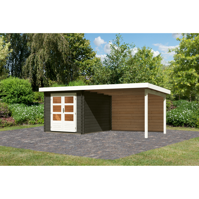 Bild von Blockbohlenhaus-Set 'Rieneck 4' Fichtenholz terragrau mit Anbaudach und Rückwand 519 x 297 x 222 cm