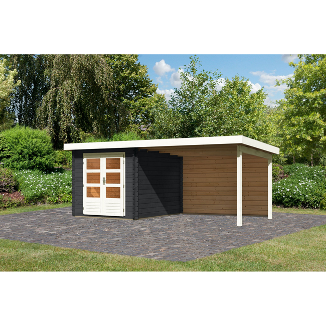 Bild von Blockbohlenhaus-Set 'Rieneck 4' Fichtenholz anthrazit mit Anbaudach und Rückwand 519 x 297 x 222 cm
