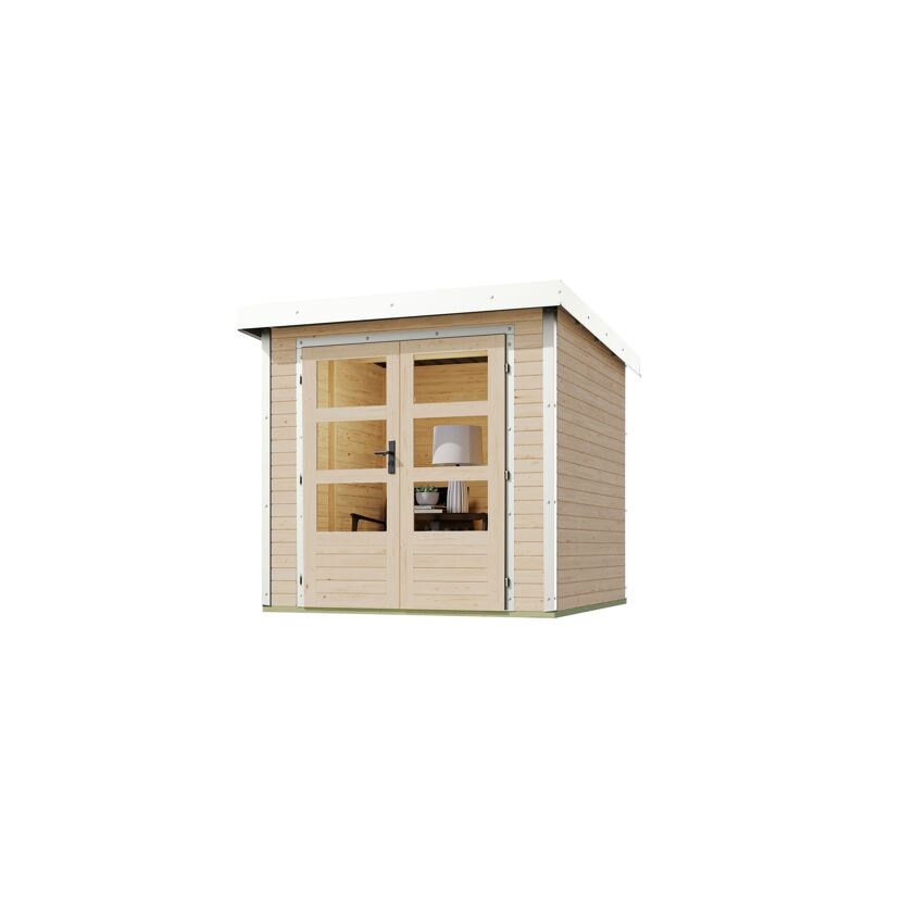 Kleines Gartenhaus aus Holz mit weißen Fensterrahmen und Türen.