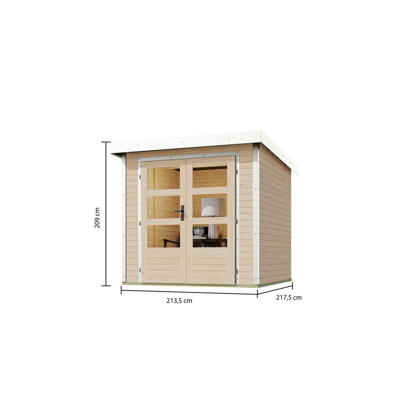 Kleines Gartenhaus aus Holz mit Doppeltür und weißem Dach