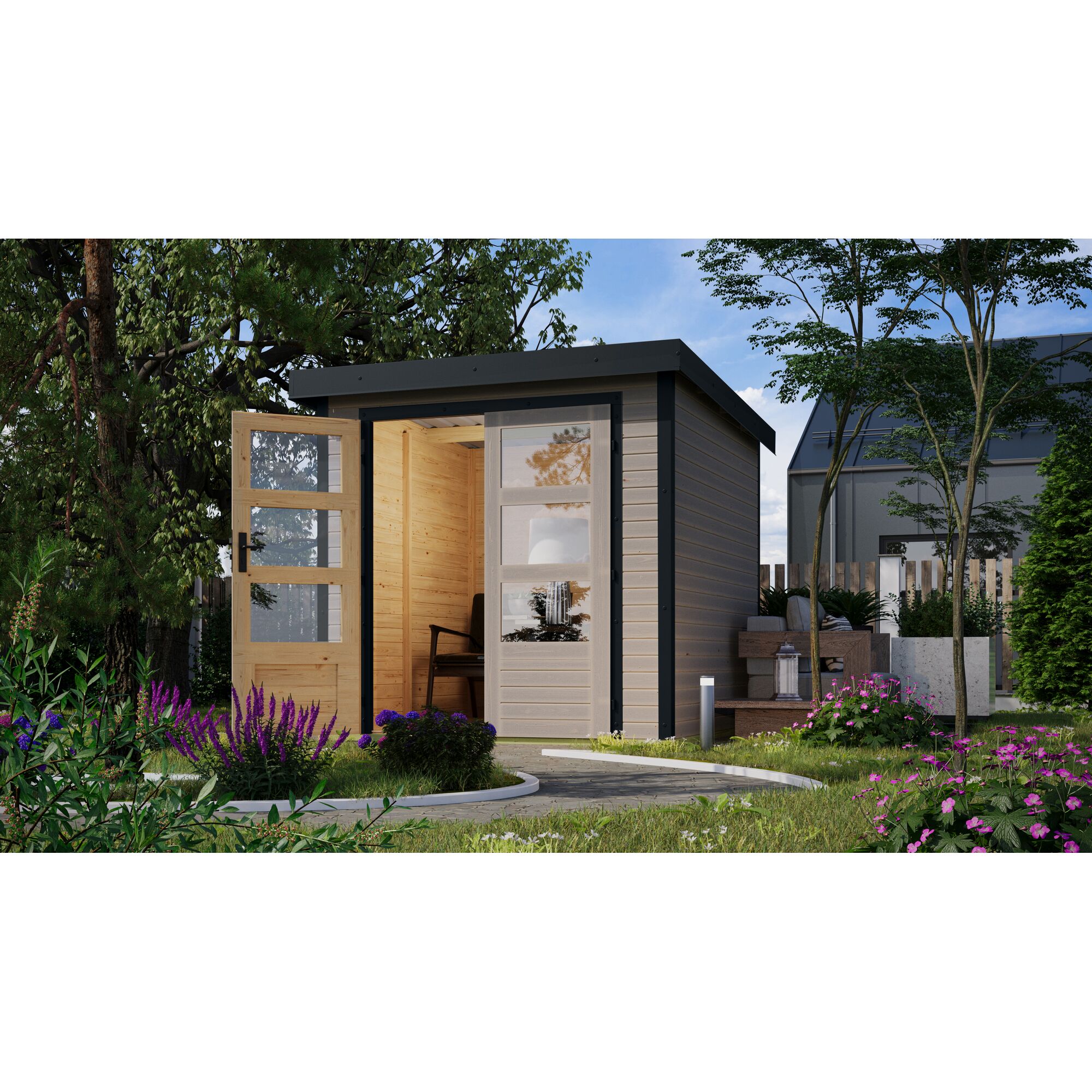 Gartenhaus Komet D wassergrau mit anthrazitfarbenen Metall-Applikationen