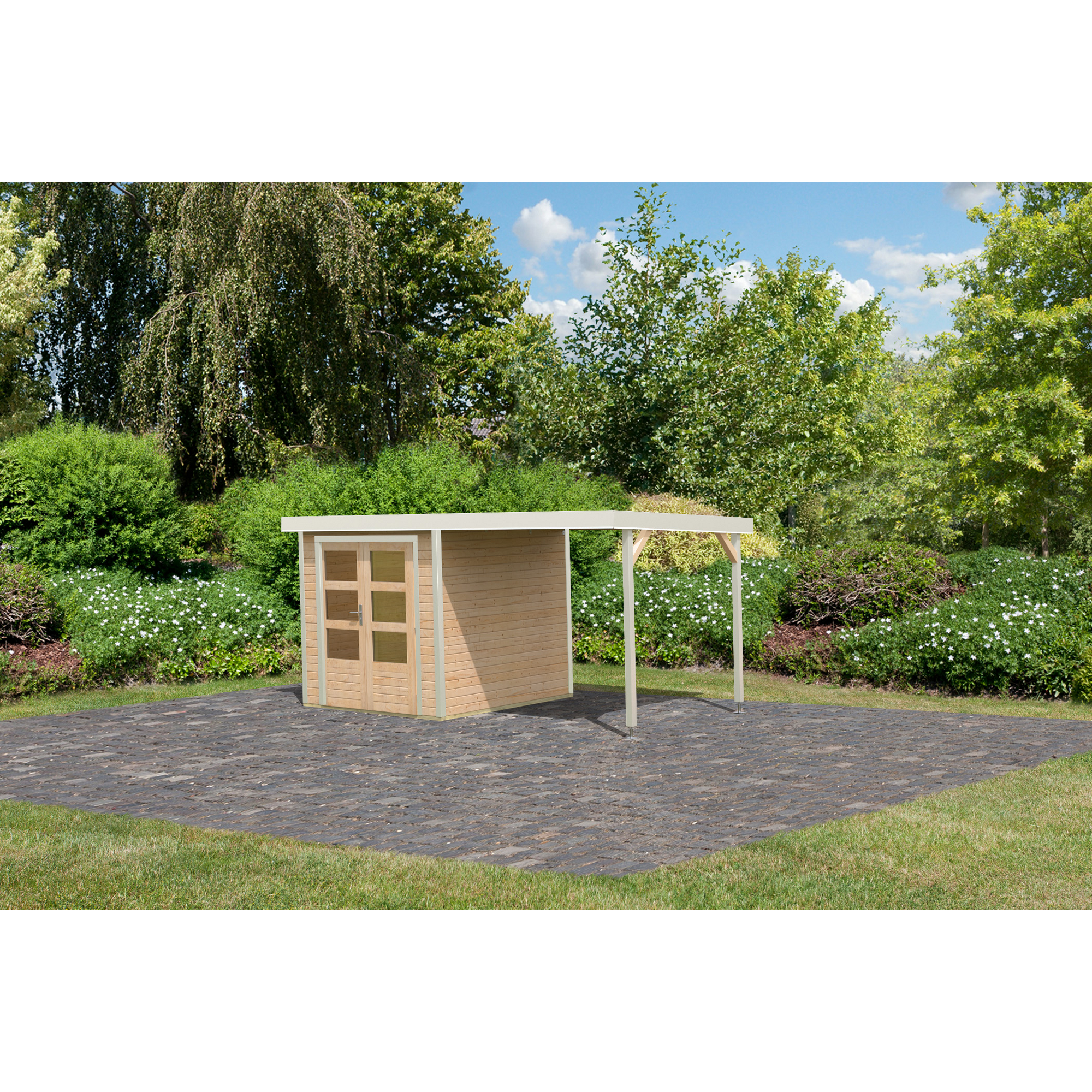 Metall-Holzgartenhaus 'Komet A' naturbelassen/weiß, Anbaudach, Doppelflügeltür 453 x 235 x 208,5 cm