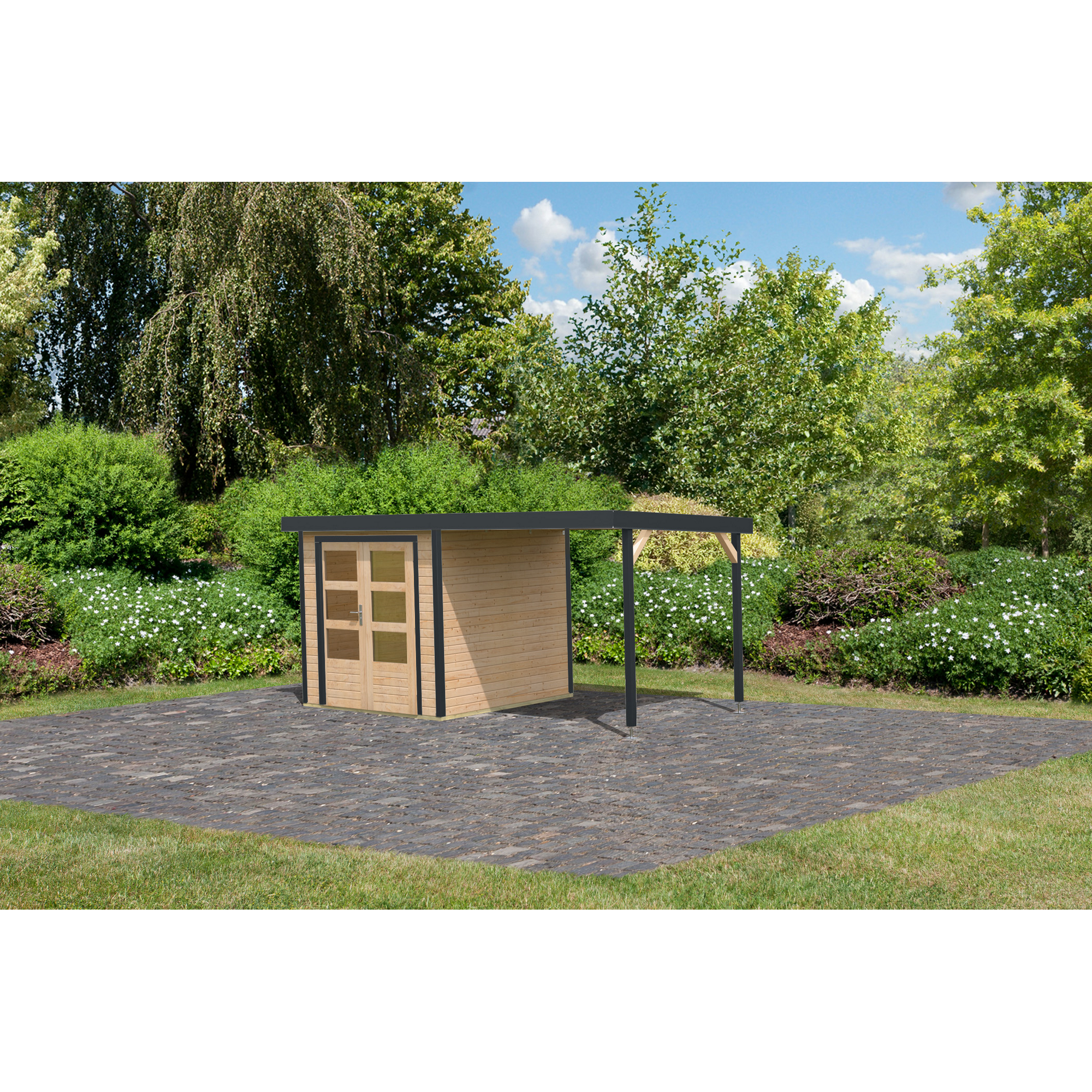 Metall-Holzgartenhaus 'Komet A' naturbelassen/anthrazit, Anbaudach, Doppelflügeltür 453 x 235 x 208,5 cm