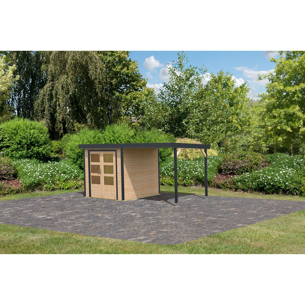 Metall-Holzgartenhaus 'Komet A' naturbelassen/anthrazit, Anbaudach, Doppelflügeltür 453 x 235 x 208,5 cm