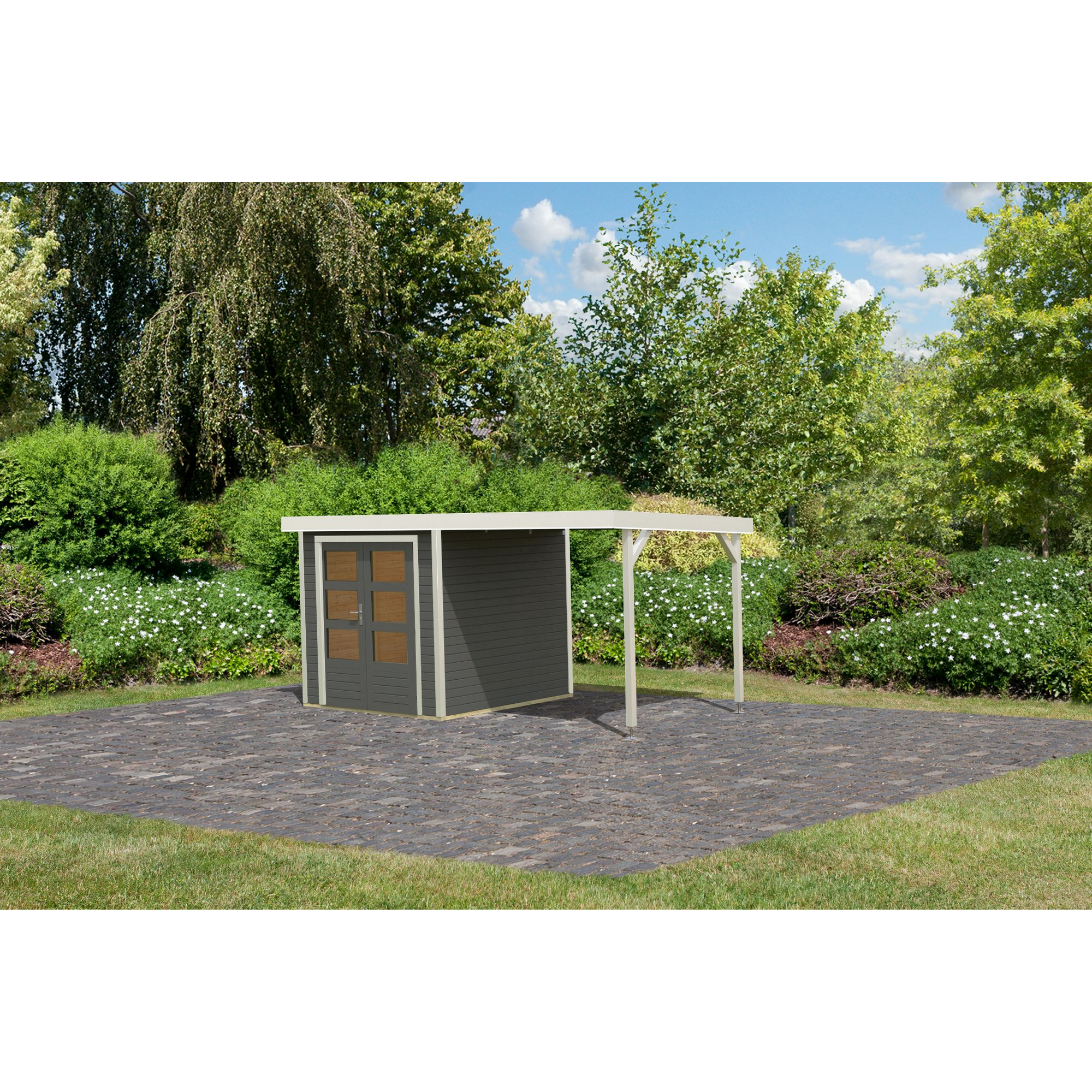 Metall-Holzgartenhaus 'Komet B' terragrau/weiß, Anbaudach, Doppelflügeltür 453 x 235 x 208,5 cm + product picture