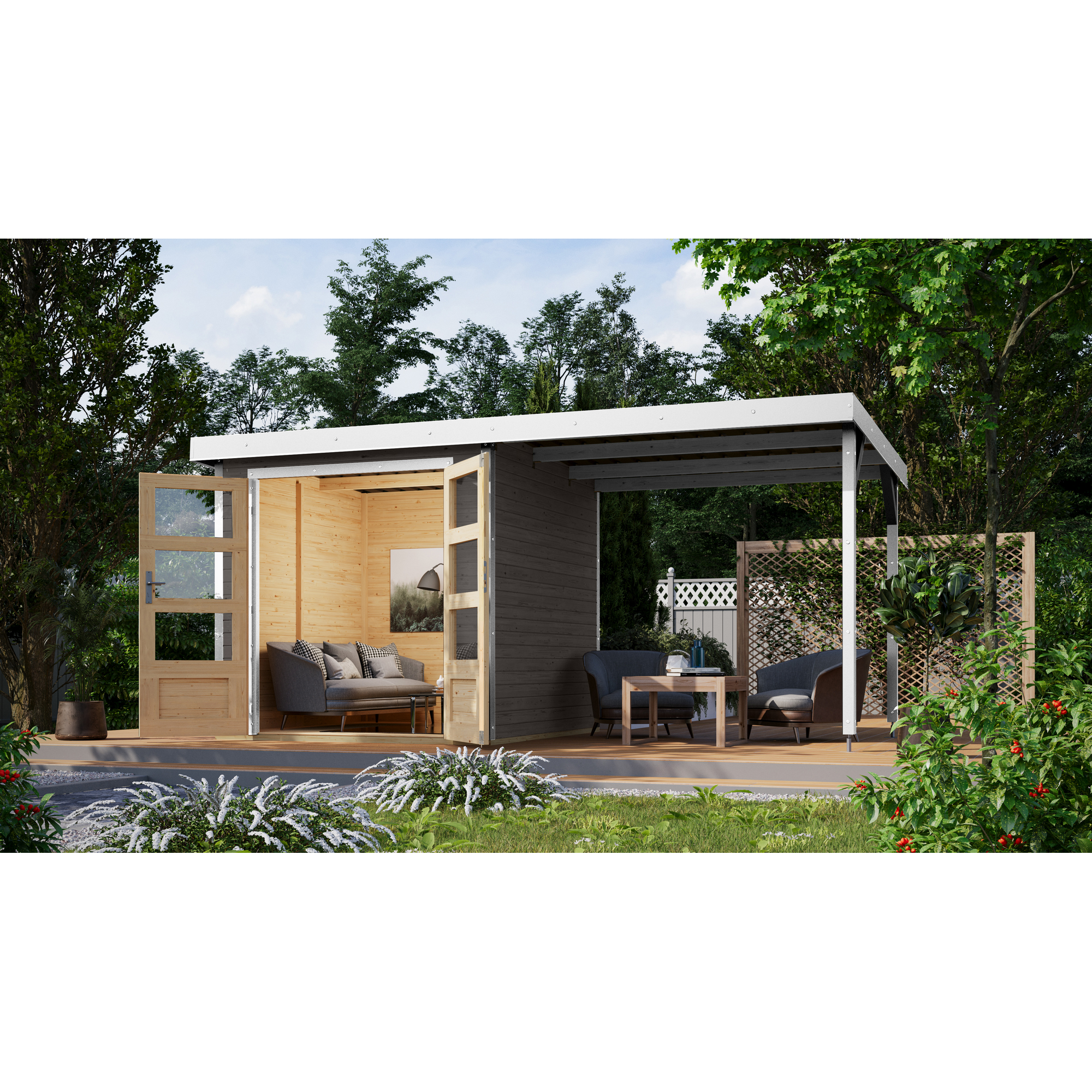 Metall-Holzgartenhaus 'Komet B' terragrau/weiß, Anbaudach, Doppelflügeltür 453 x 235 x 208,5 cm
