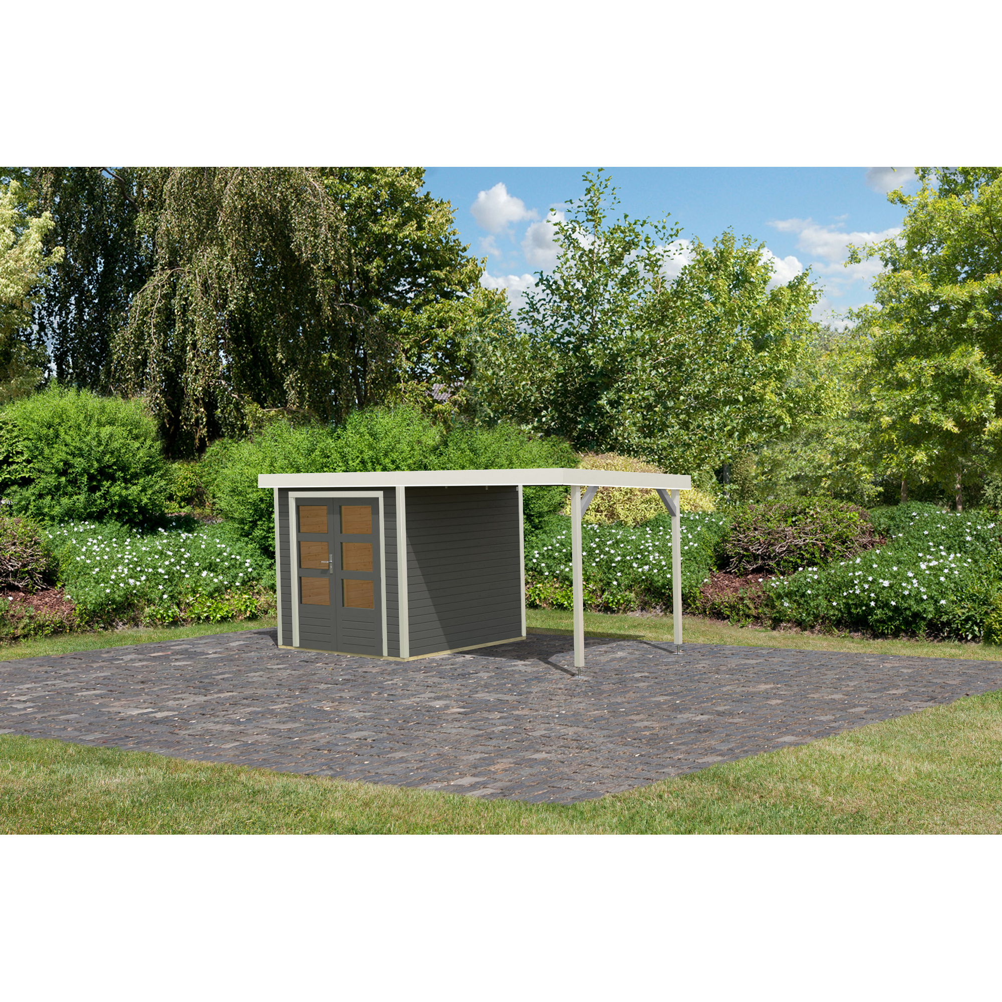 Metall-Holzgartenhaus 'Komet B' terragrau/weiß, Anbaudach, Doppelflügeltür 453 x 235 x 208,5 cm