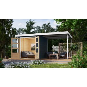 Metall-Holzgartenhaus 'Komet B' terragrau/weiß, Anbaudach, Doppelflügeltür 453 x 235 x 208,5 cm