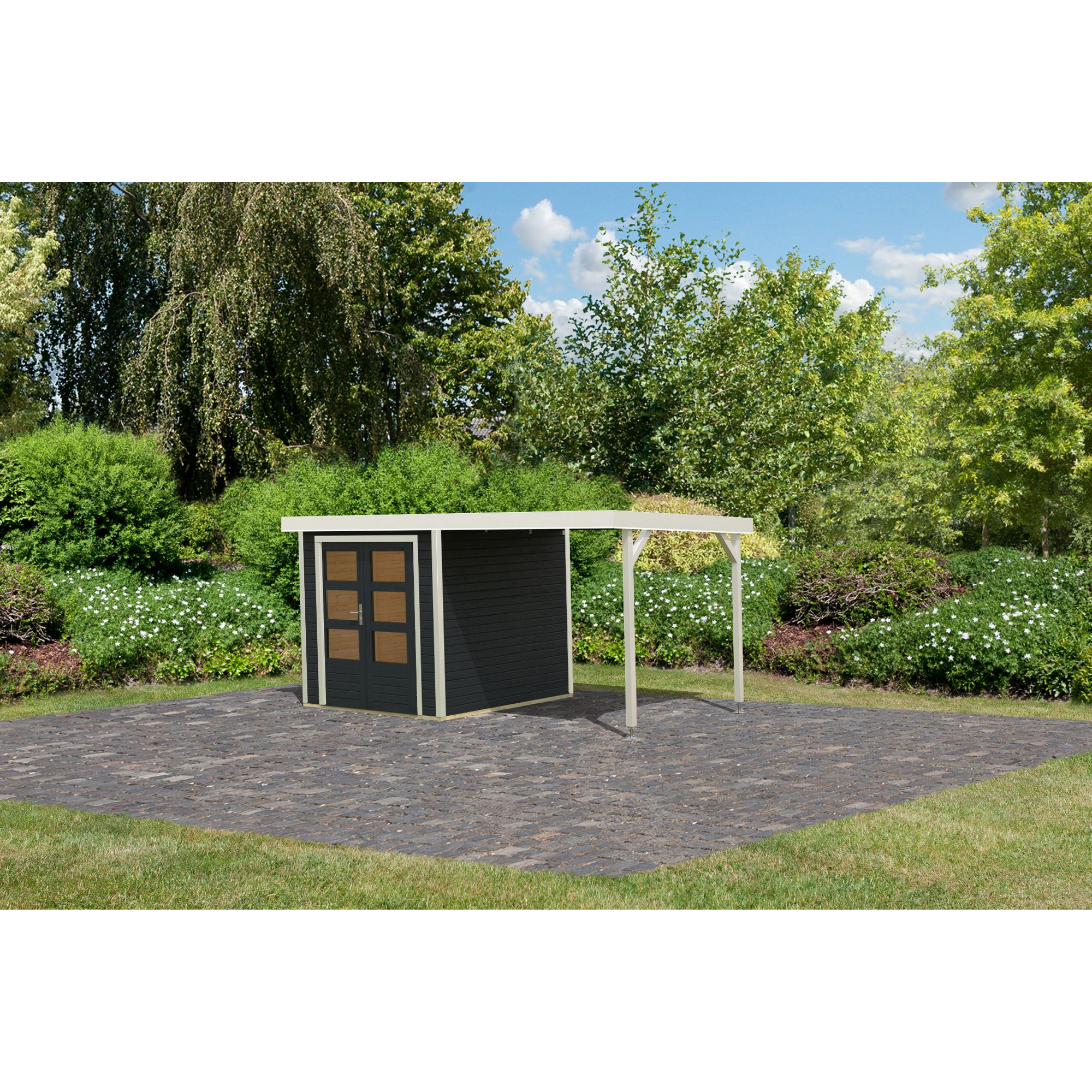 Metall-Holzgartenhaus 'Komet B' terragrau/weiß, Anbaudach, Doppelflügeltür 453 x 235 x 208,5 cm + product picture