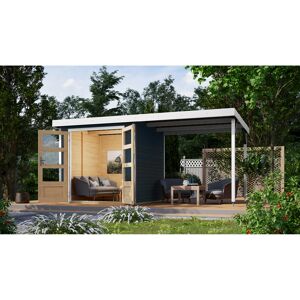 Metall-Holzgartenhaus 'Komet B' terragrau/weiß, Anbaudach, Doppelflügeltür 453 x 235 x 208,5 cm