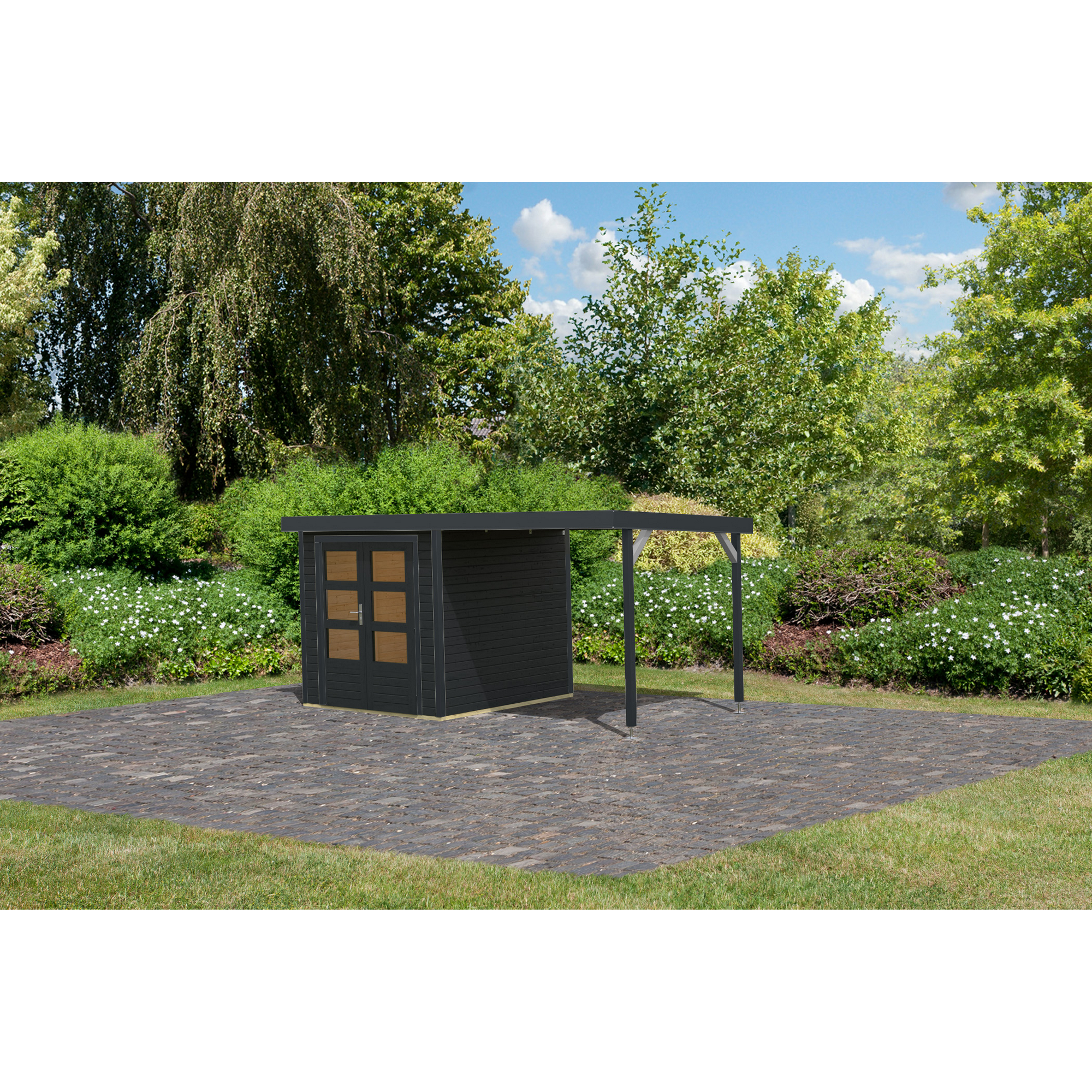 Metall-Holzgartenhaus 'Komet C' anthrazit, Anbaudach, Doppelflügeltür 453 x 235 x 208,5 cm