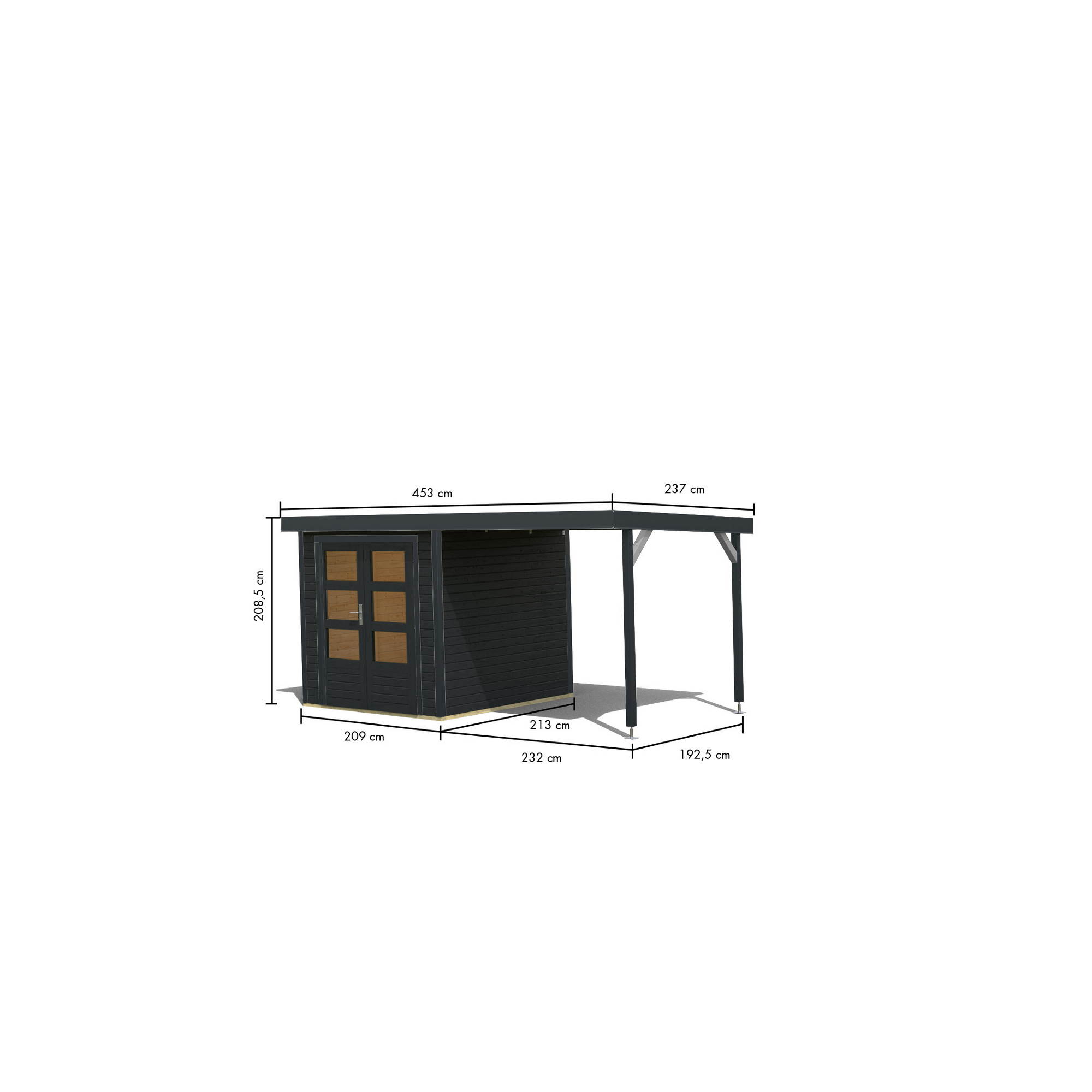 Metall-Holzgartenhaus 'Komet C' anthrazit, Anbaudach, Doppelflügeltür 453 x 235 x 208,5 cm