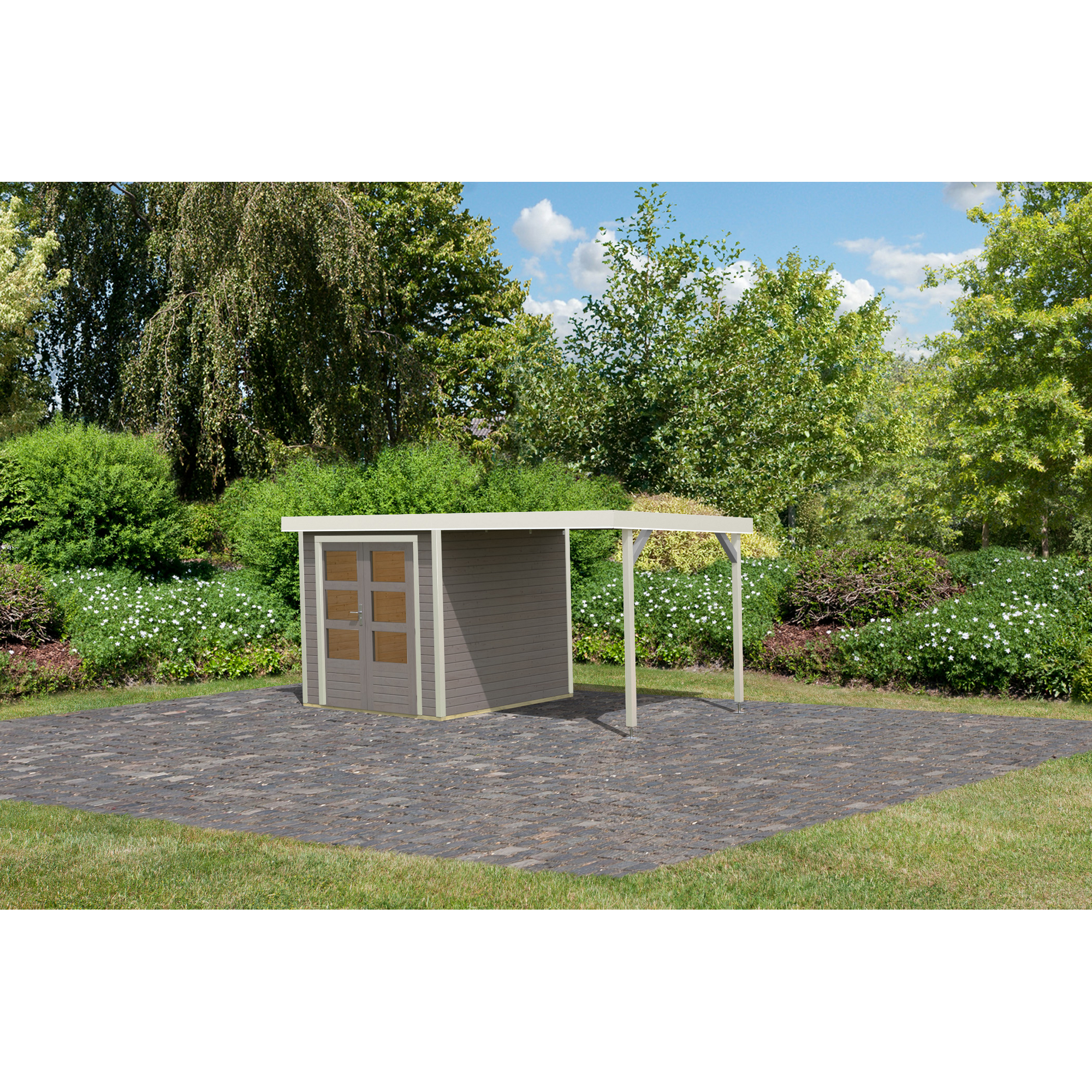 Metall-Holzgartenhaus 'Komet D' wassergrau/weiß, Anbaudach, Doppelflügeltür 453 x 235 x 208,5 cm
