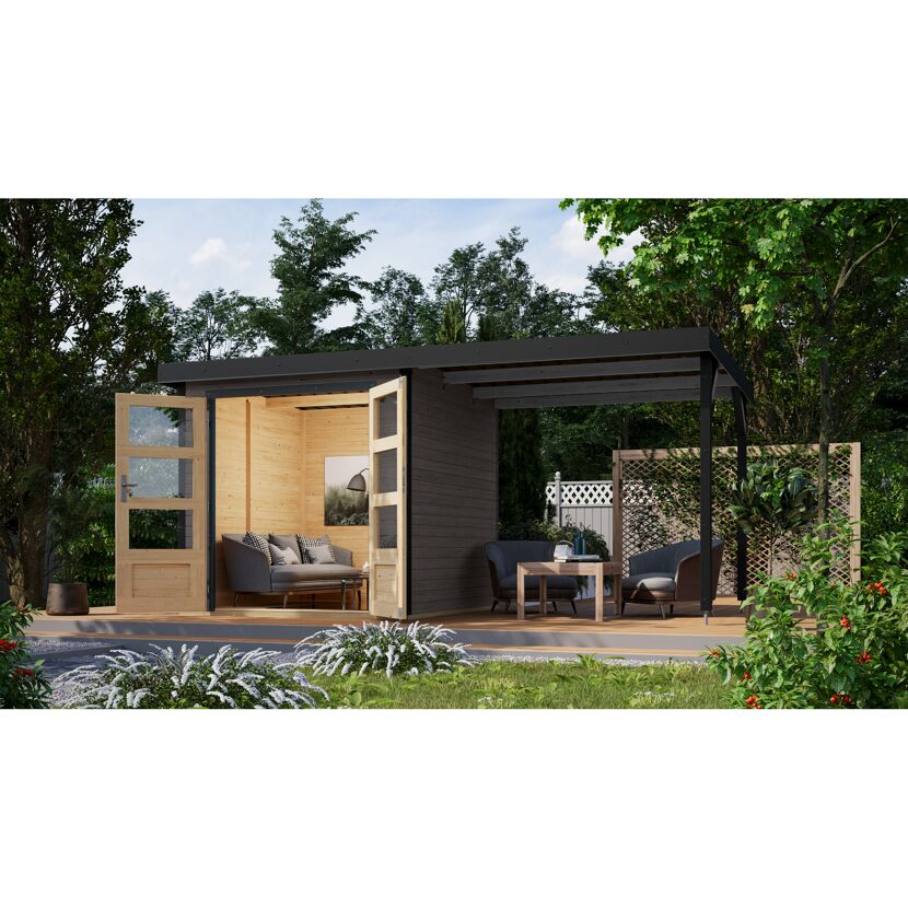 Metall-Holzgartenhaus 'Komet B' terragrau/anthrazit, Anbaudach, Doppelflügeltür 453 x 235 x 208,5 cm