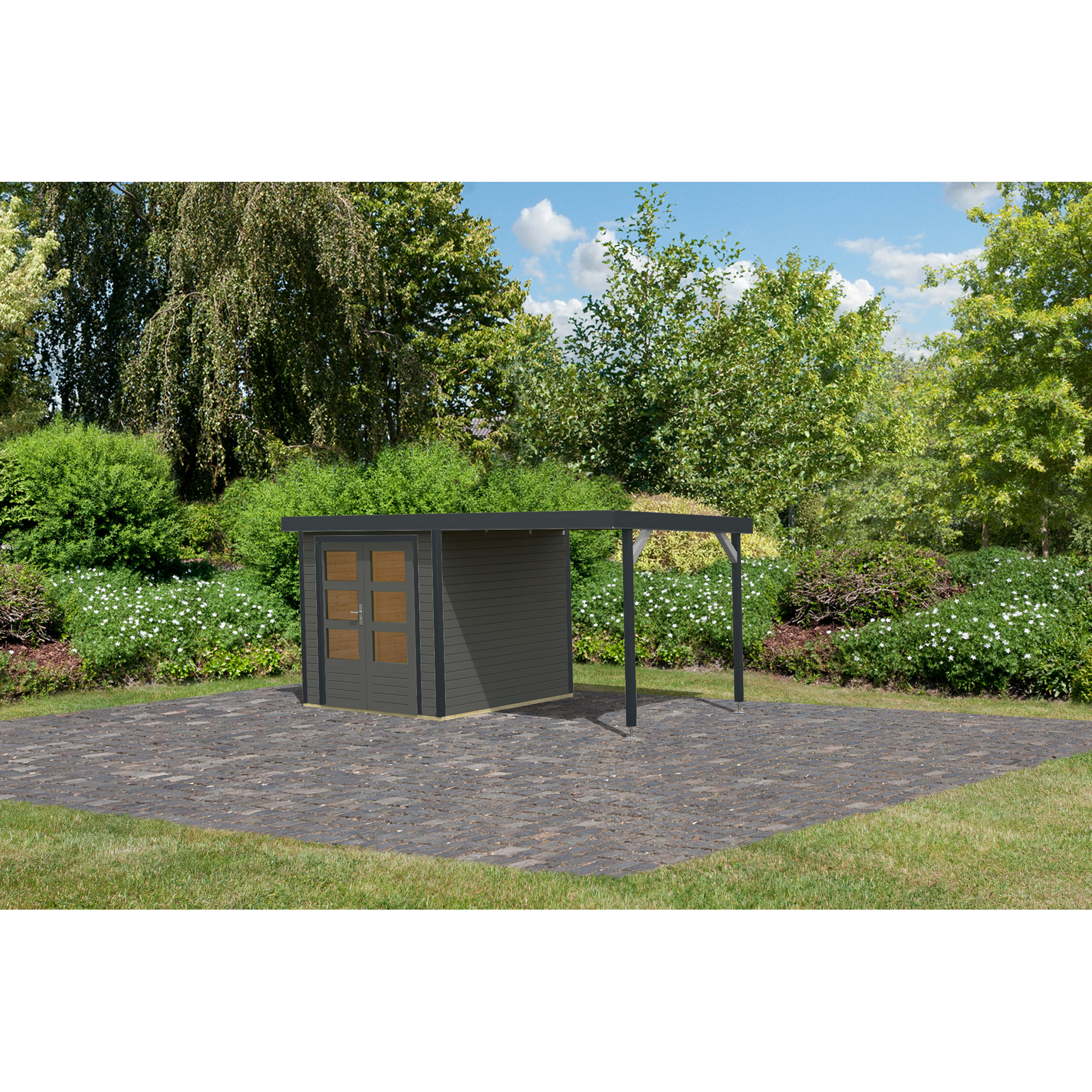 Metall-Holzgartenhaus 'Komet B' terragrau/anthrazit, Anbaudach, Doppelflügeltür 453 x 235 x 208,5 cm