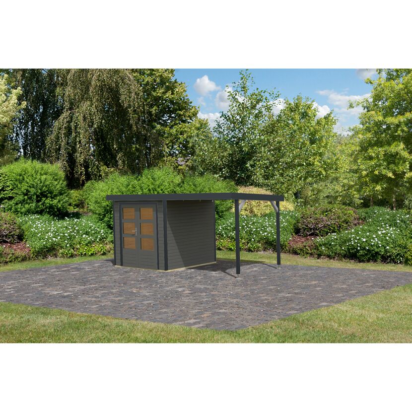 Metall-Holzgartenhaus 'Komet B' terragrau/anthrazit, Anbaudach, Doppelflügeltür 453 x 235 x 208,5 cm