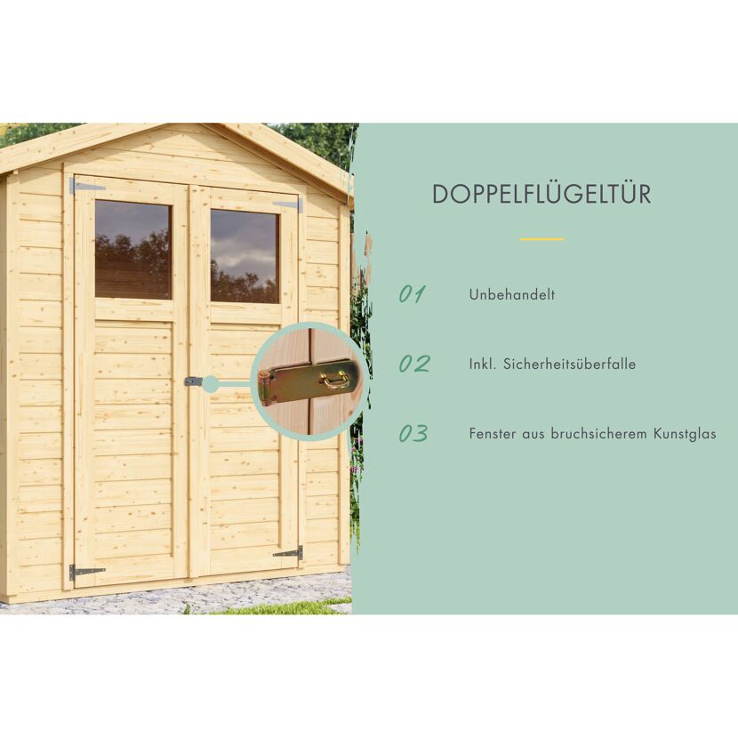 Gartenhaus aus Holz mit Doppelflügeltür und Verriegelung