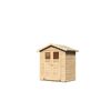 Kleines Gartenhaus aus Holz mit Doppeltür.