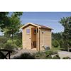 Offener Gartenschrank aus Holz mit Gartengeräten