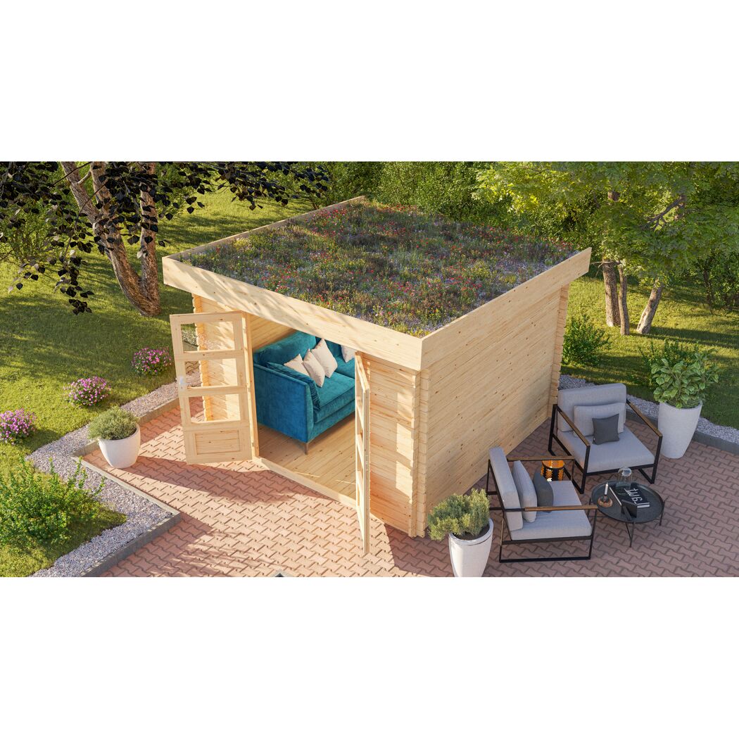Kleines Gartenhaus mit begrüntem Dach