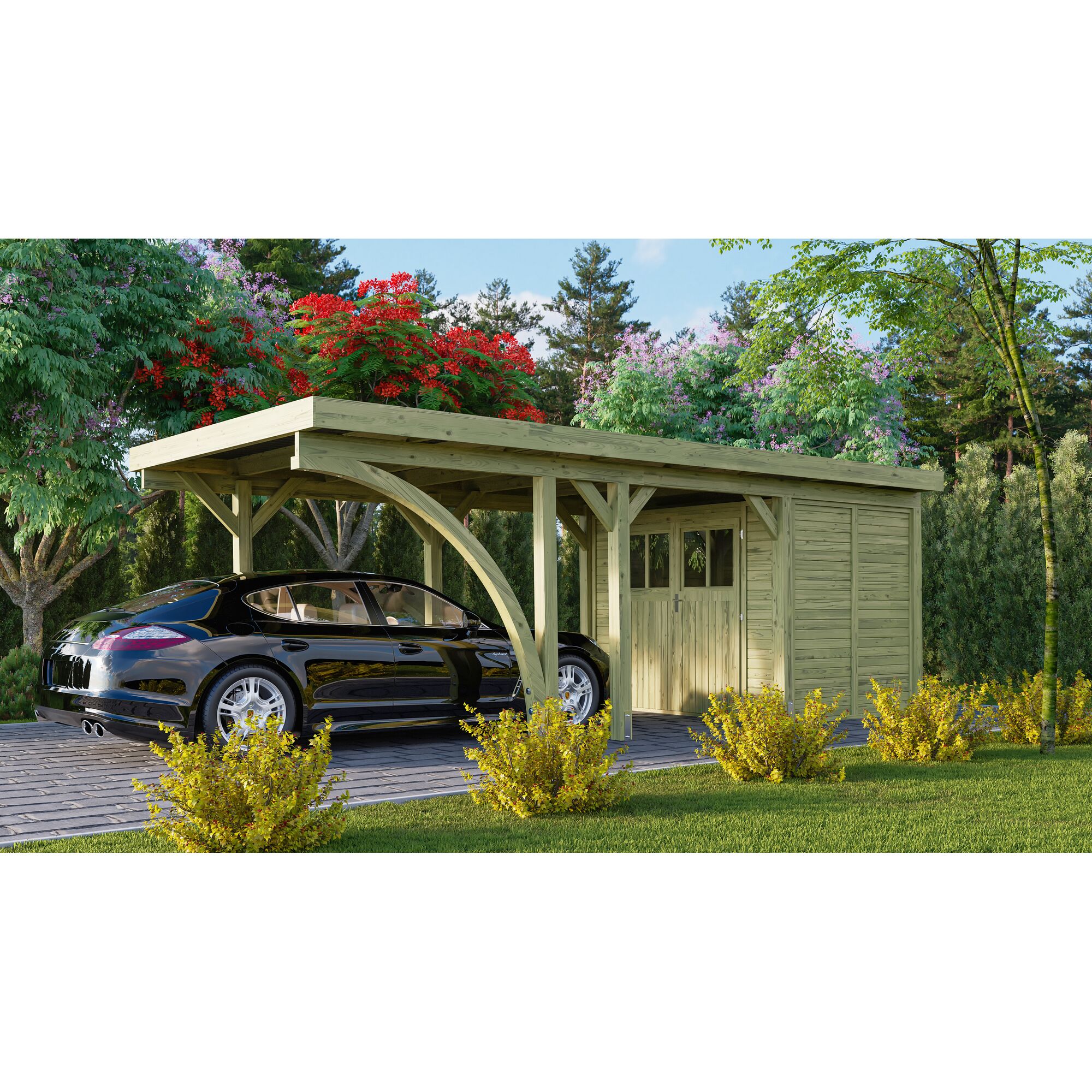 Holzcarport mit integriertem Schuppen und Auto