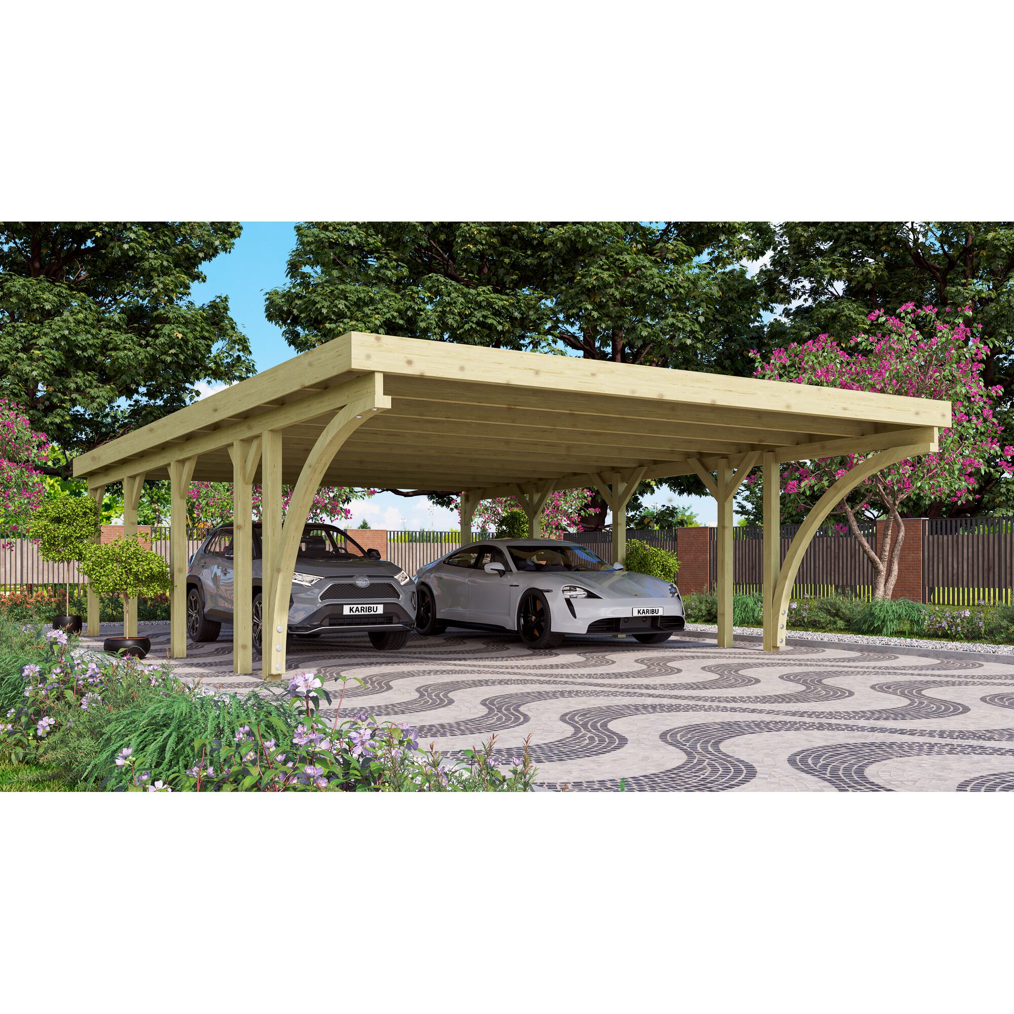 Doppelcarport aus Holz mit zwei Autos darunter