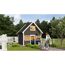 Spielhaus Fynn mit Person und Kind im Garten