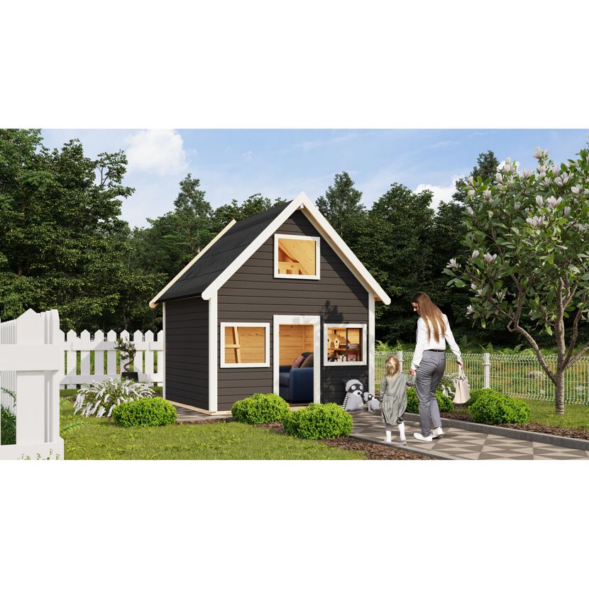 Spielhaus Fynn mit Person und Kind im Garten