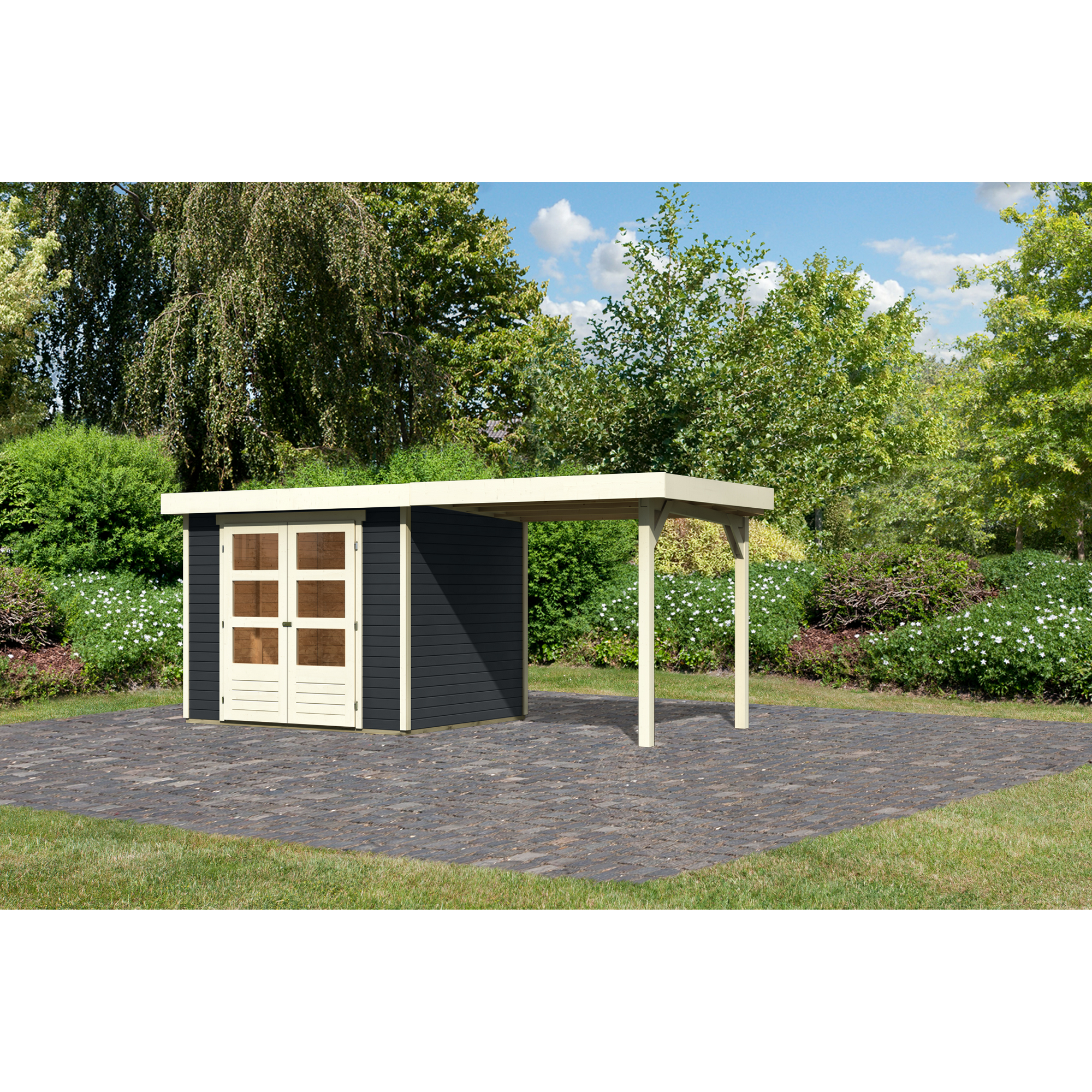 Gartenhaus-Set 'Raskola 3' anthrazit mit Anbaudach 491 x 211 x 238 cm