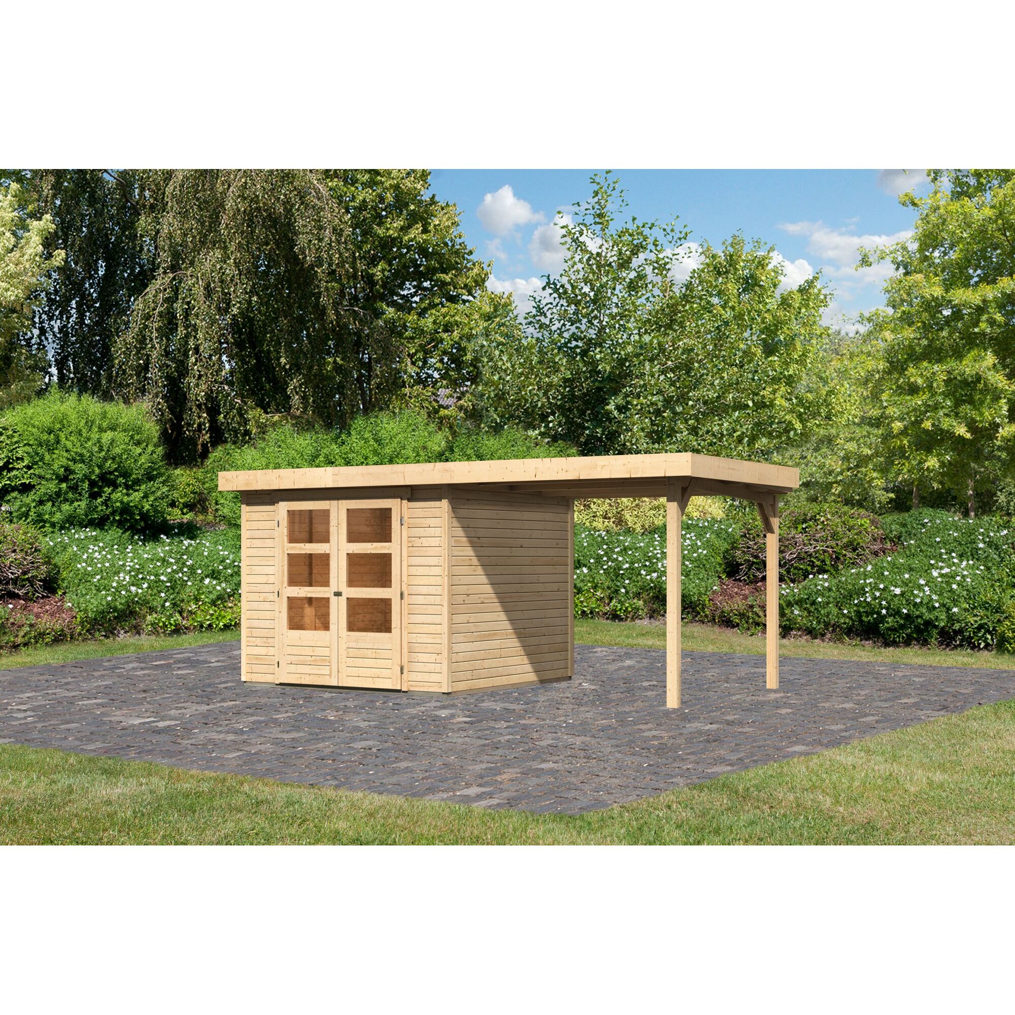 Gartenhaus aus Holz mit Überdachung