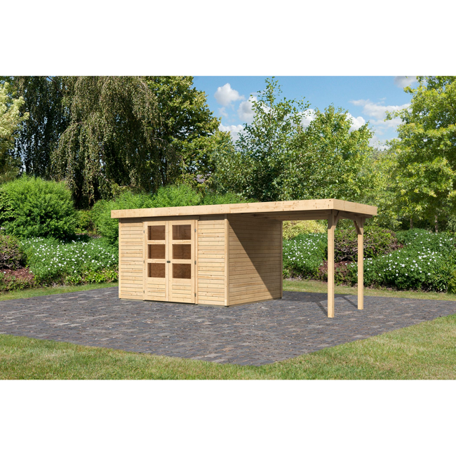 Bild von Gartenhaus-Set 'Raskola 5' naturbelassen mit Anbaudach 554 x 211 x 262 cm