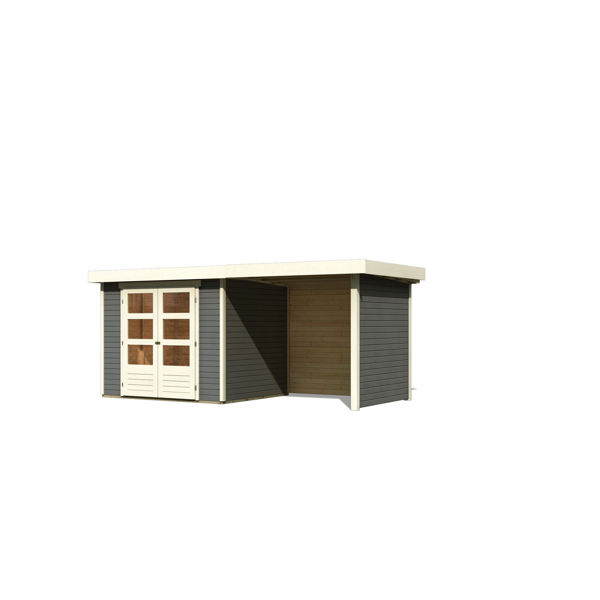 Gartenhaus-Set 'Raskola 3' terragrau mit Anbaudach, Seiten- und Rückwand 491 x 211 x 238 cm