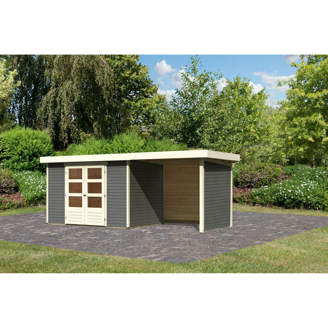 Bild von Gartenhaus-Set 'Raskola 4' terragrau mit Anbaudach, Seiten- und Rückwand 554 x 211 x 238 cm