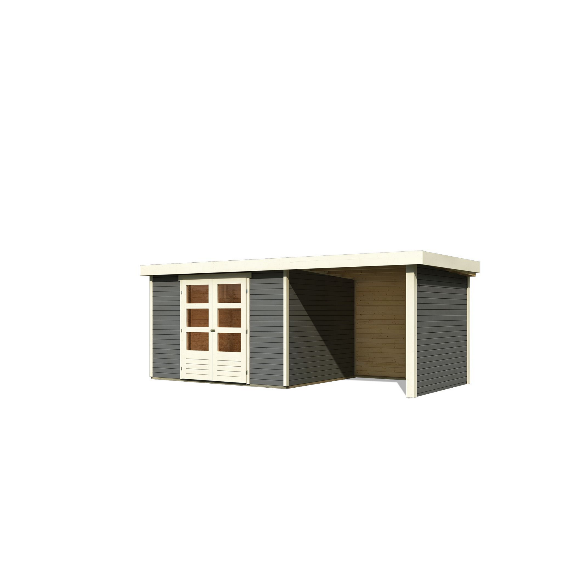 Gartenhaus-Set 'Raskola 5' terragrau mit Anbaudach, Seiten- und Rückwand 554 x 211 x 262 cm