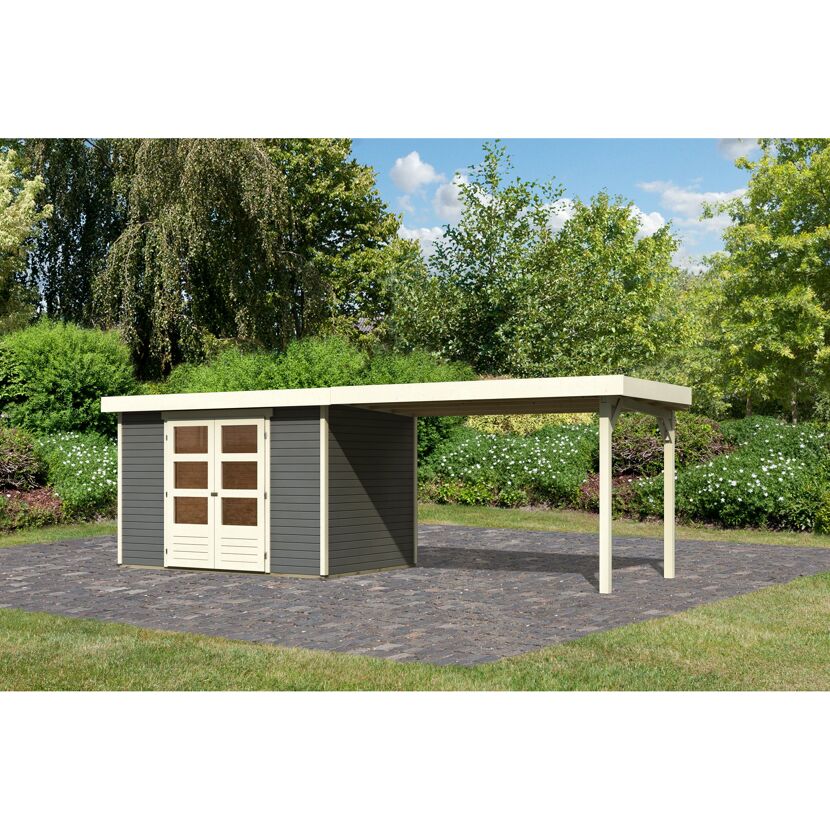 Gartenhaus-Set 'Raskola 4' terragrau mit Anbaudach 591,5 x 211 x 238 cm