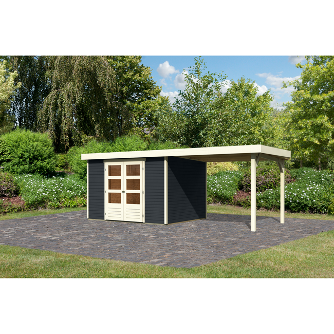 Bild von Gartenhaus-Set 'Raskola 5' anthrazit mit Anbaudach 330 x 211 x 262 cm
