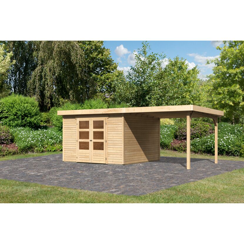 Gartenhaus-Set 'Raskola 6' naturbelassen mit Anbaudach 595,5 x 216 x 331 cm