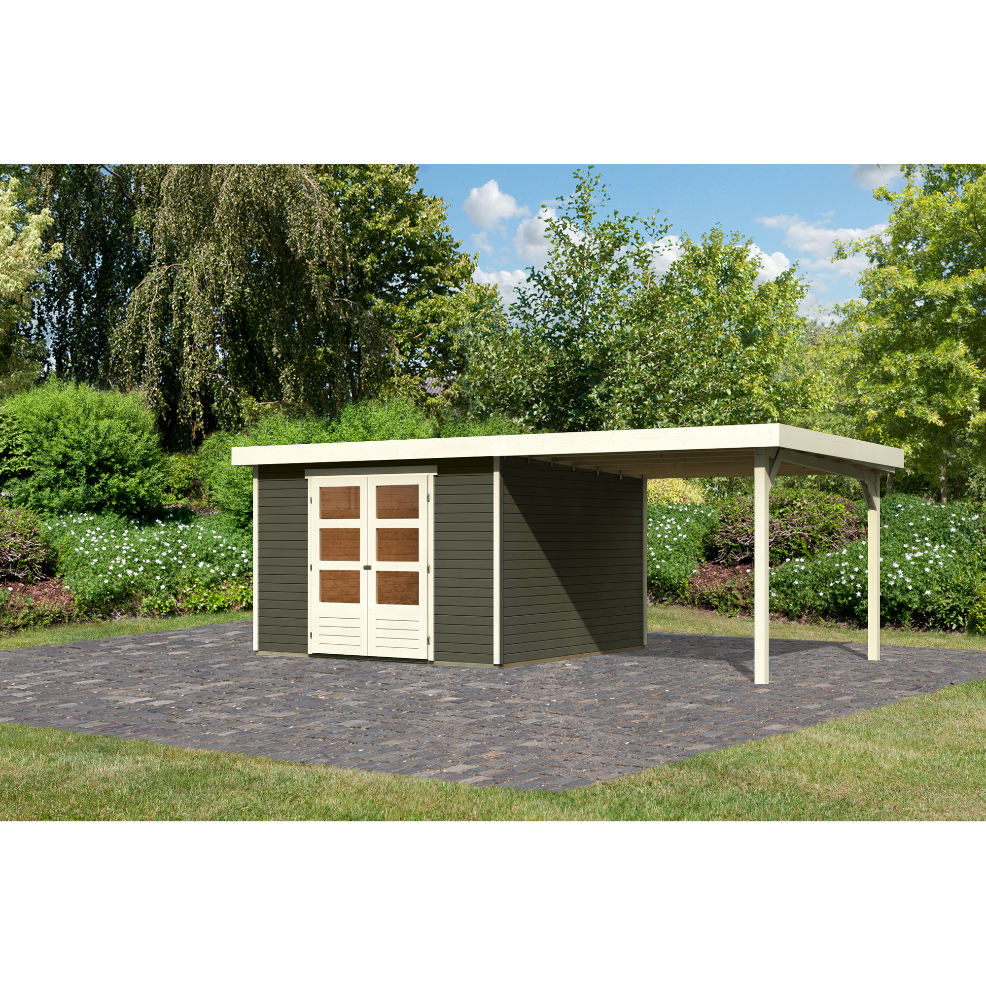 Gartenhaus-Set 'Raskola 6' terragrau mit Anbaudach 595,5 x 216 x 331 cm + product picture