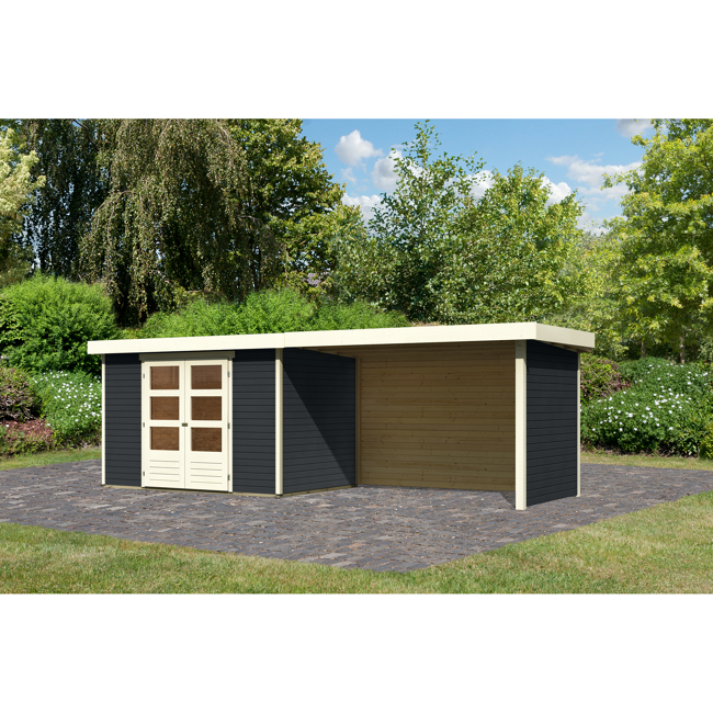 Bild von Gartenhaus-Set 'Raskola 4' anthrazit mit Anbaudach, Seiten- und Rückwand 572 x 211 x 238 cm