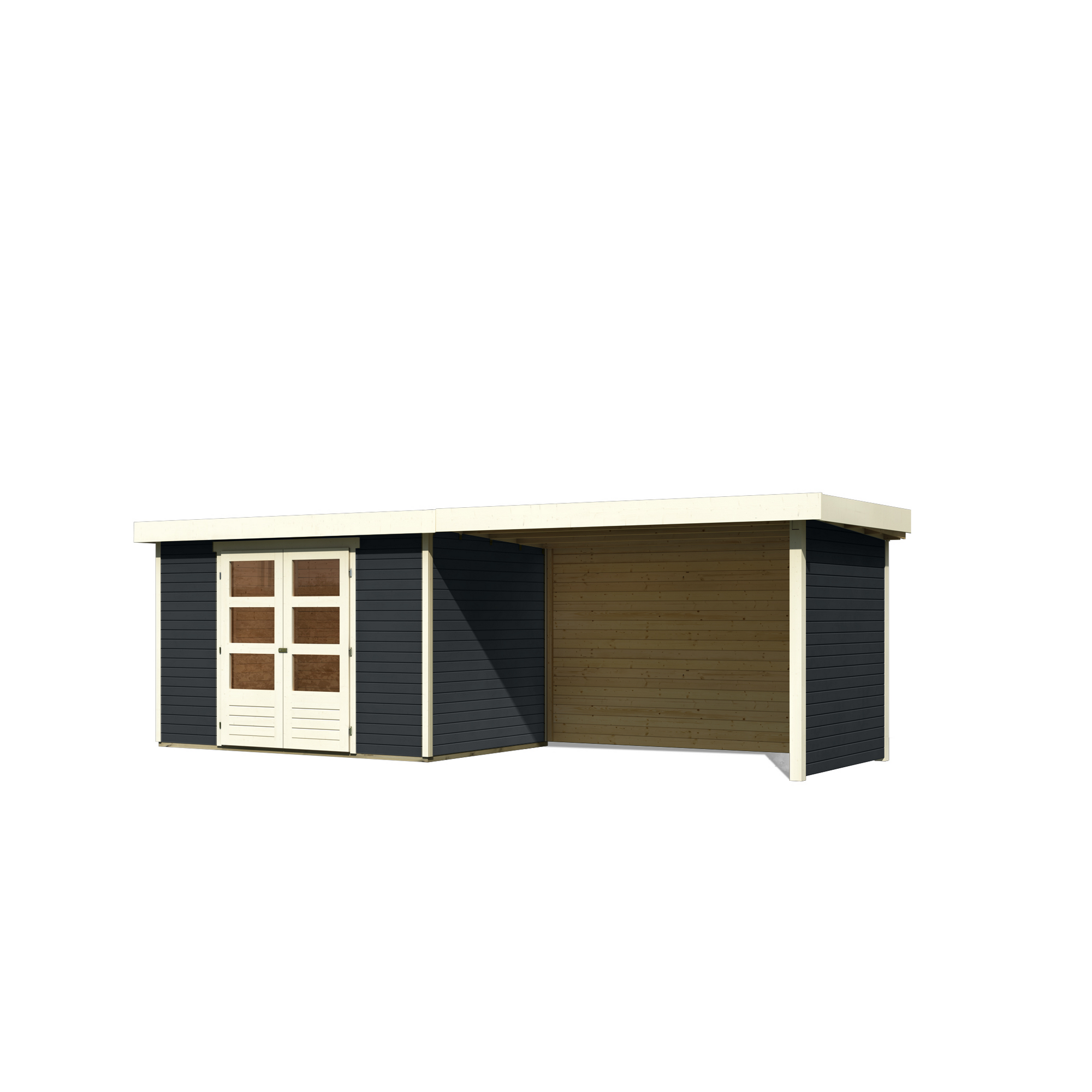 Gartenhaus-Set 'Raskola 4' anthrazit mit Anbaudach, Seiten- und Rückwand 572 x 211 x 238 cm