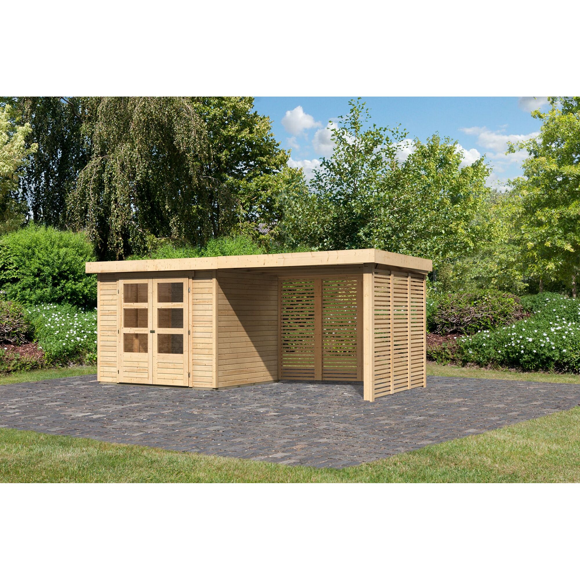 Gartenhaus aus Holz mit Überdachung